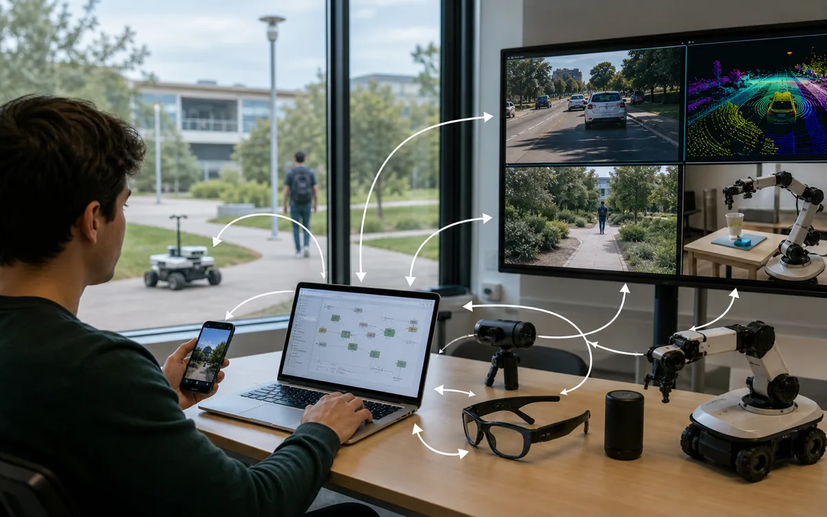 Real-world RSI scene with smart glasses, autonomous driving, robotics, open environments, and feedback traces